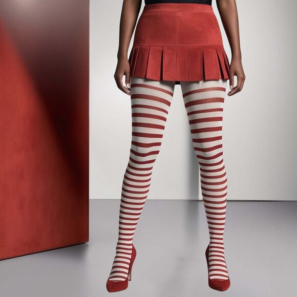 Striped Tights Plus 1x/2x (16-20) 3x/4x (22-26) Womens Opaque Red-White Hosiery - Picture 5 of 10
